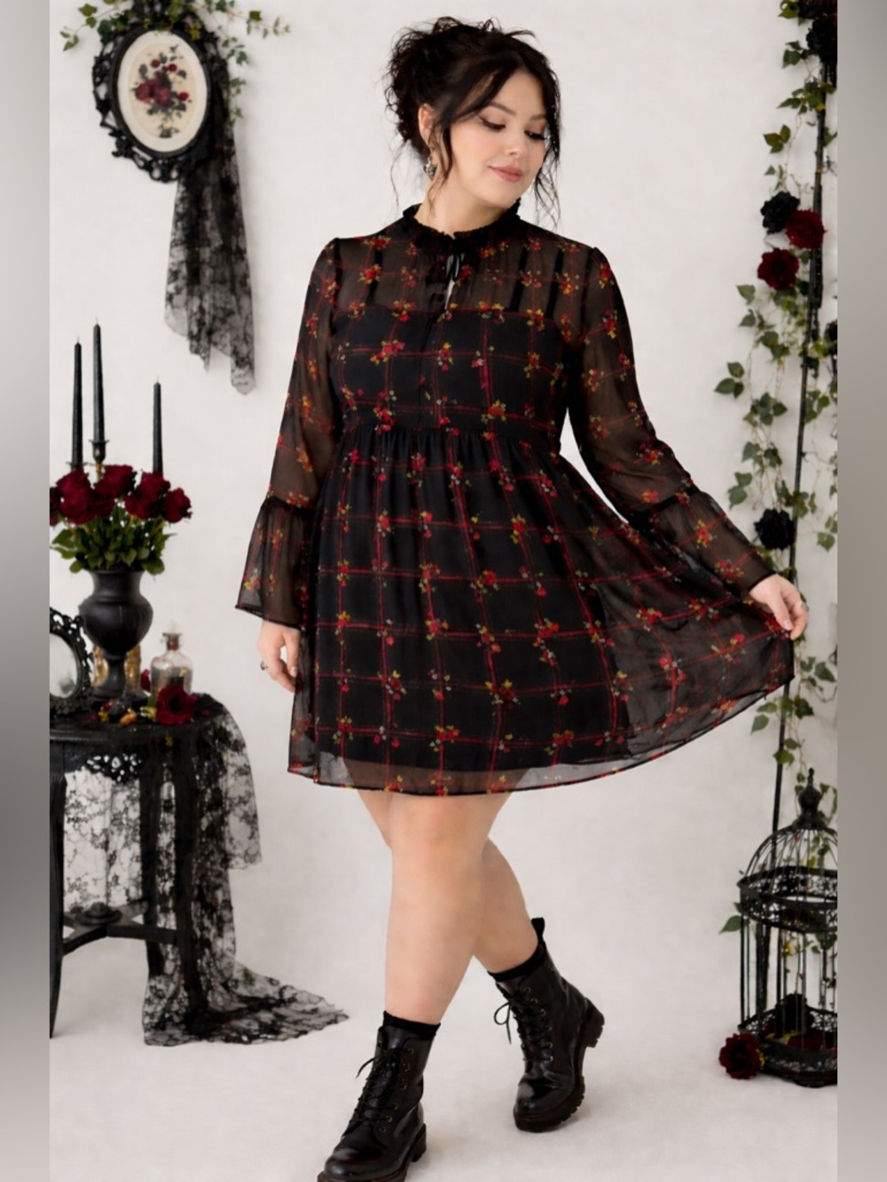Whimsical Gothic Eloquii Black Mini Dress Red Floral Plaid & bell sleeves  xl